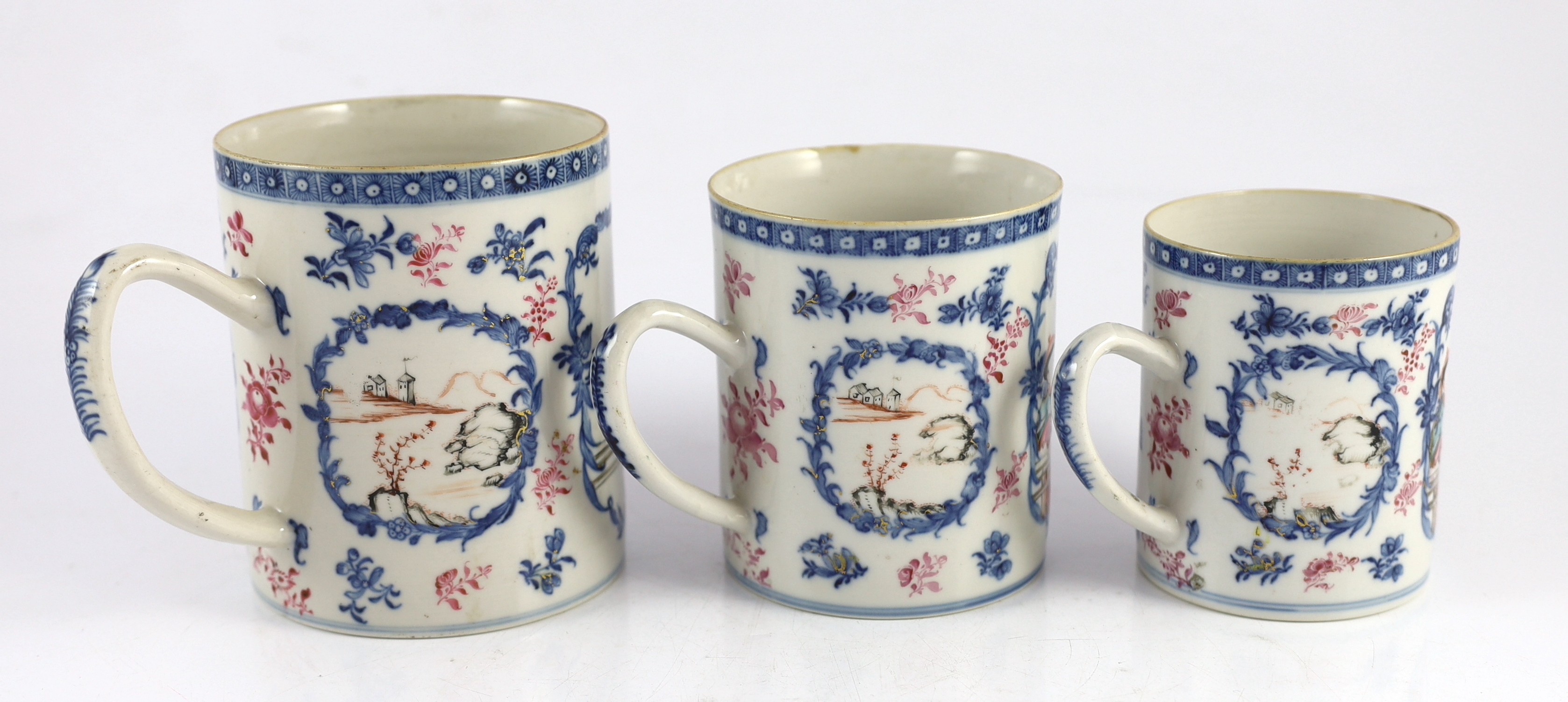 A graduated set of three Chinese famille rose mugs, Qianlong period